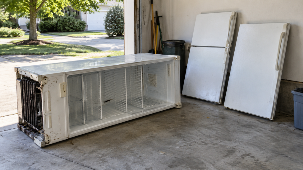 An old white refrigerator with its doors removed lying on a driveway beside a garage wall.