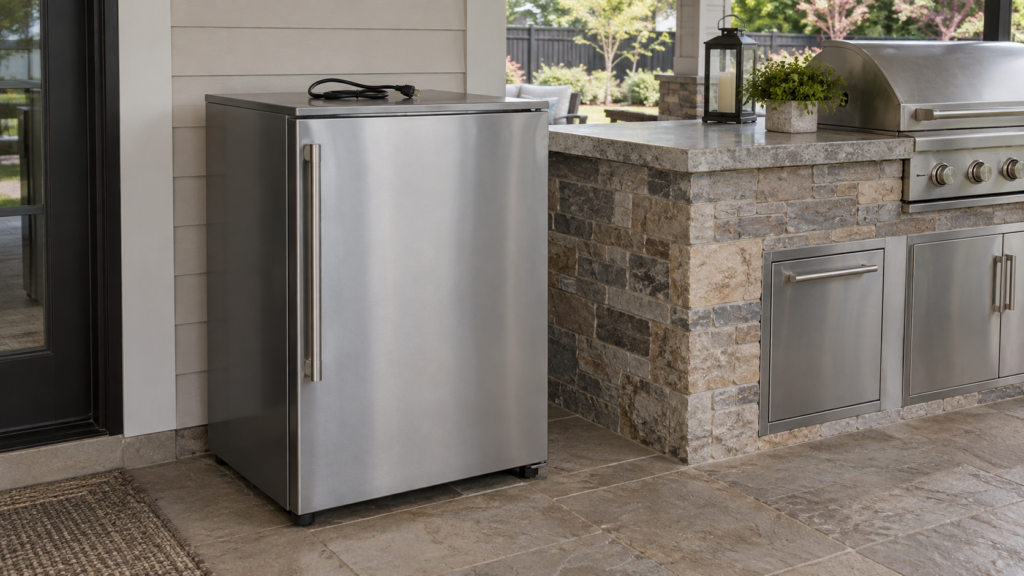 A stainless outdoor freezer standing on a covered patio with its door closed and its power cord coiled loosely on top, an outdoor kitchen island beside it, soft overcast light, an American home.