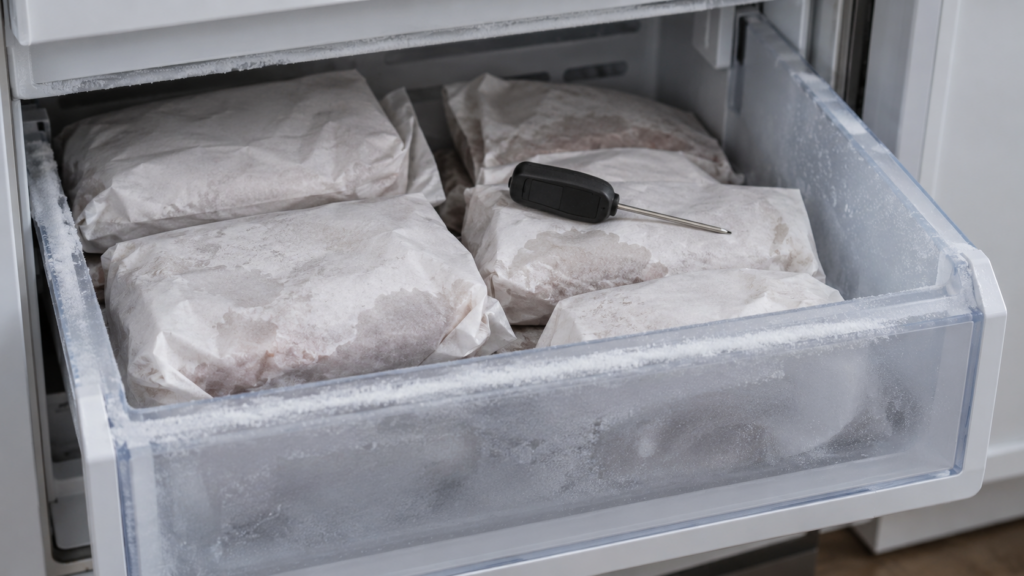 Plain white paper-wrapped parcels softening in an open undercounter freezer drawer with a thermometer on top.