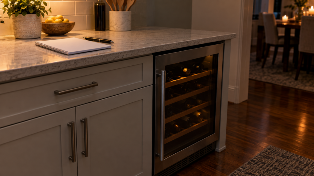 A blank notepad and a pen on a kitchen counter beside an undercounter wine cabinet with its glass door closed, a faint warm glow from within, an American kitchen in the evening.