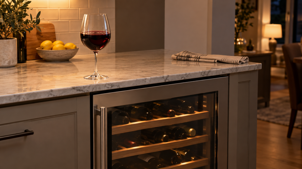 A half-full glass of red wine on top of an undercounter wine fridge with faint ripples on the surface.